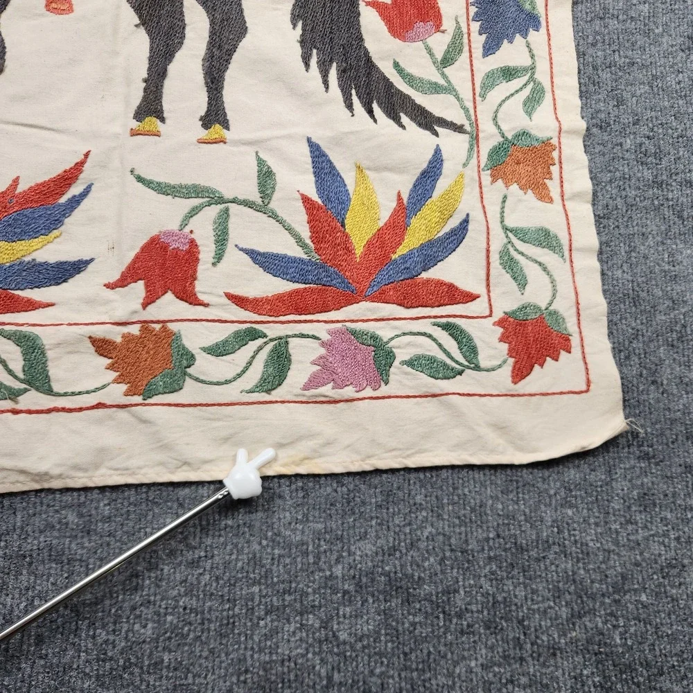 Vintage Uzbek Suzani Hand Embroidered Pegasus Winged Horse Floral Textile 31x21